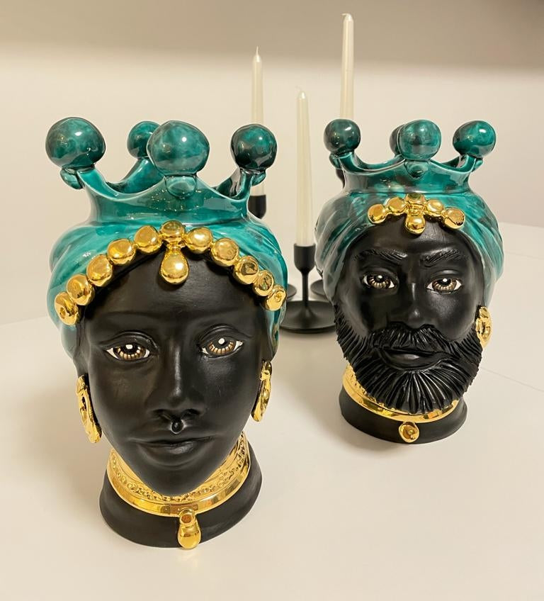 Coppia Teste di Moro con Corona e Dettagli in Oro | 25 cm