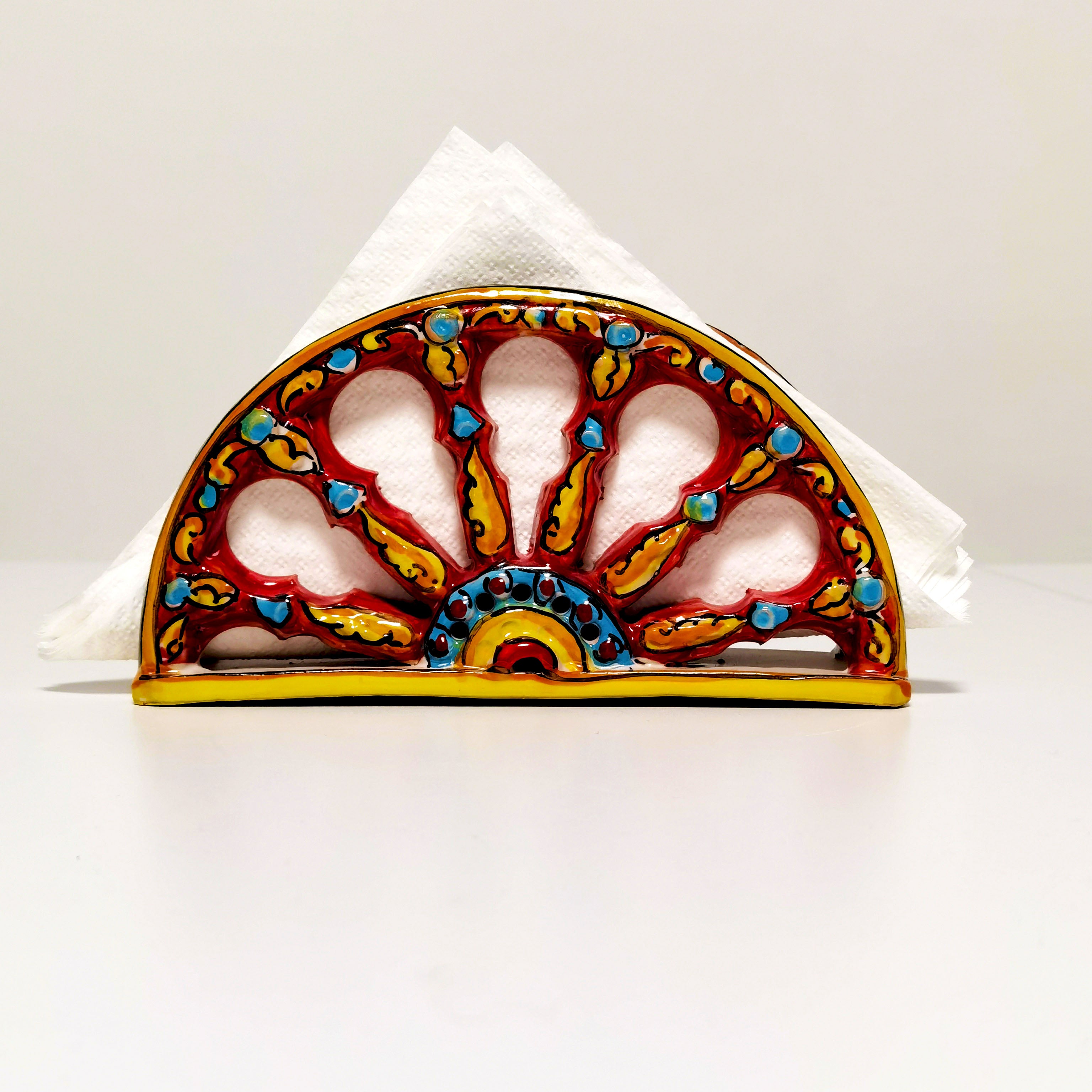 Porta tovaglioli ruota di carretto in ceramica di Caltagirone