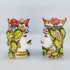 Coppia Teste di Moro con Decoro Fico d’India in Ceramica di Caltagirone – Fatto a Mano 15 cm