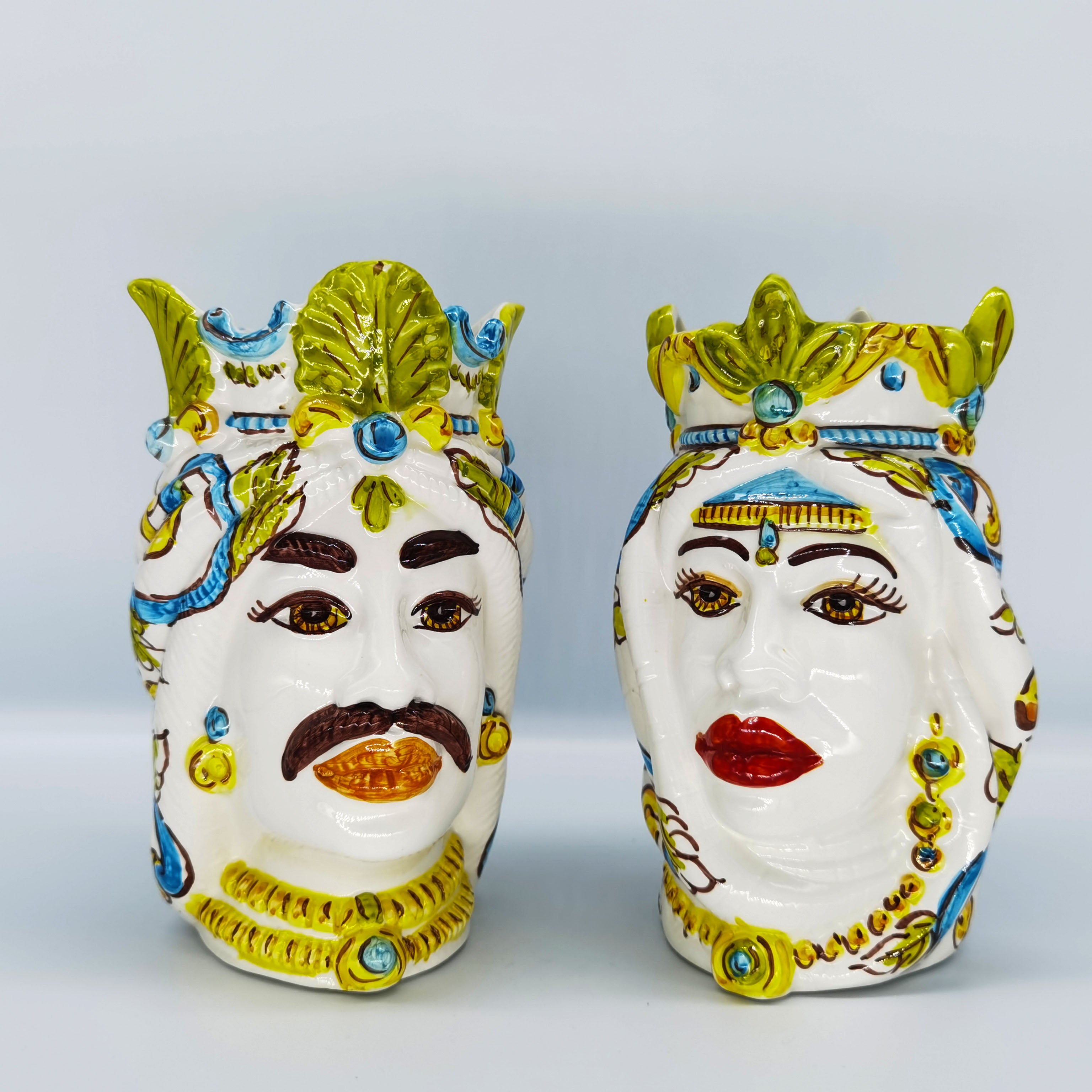 Coppia Teste di Moro “Decoro La Siciliana” in Ceramica di Caltagirone – Fatto a Mano 15 cm