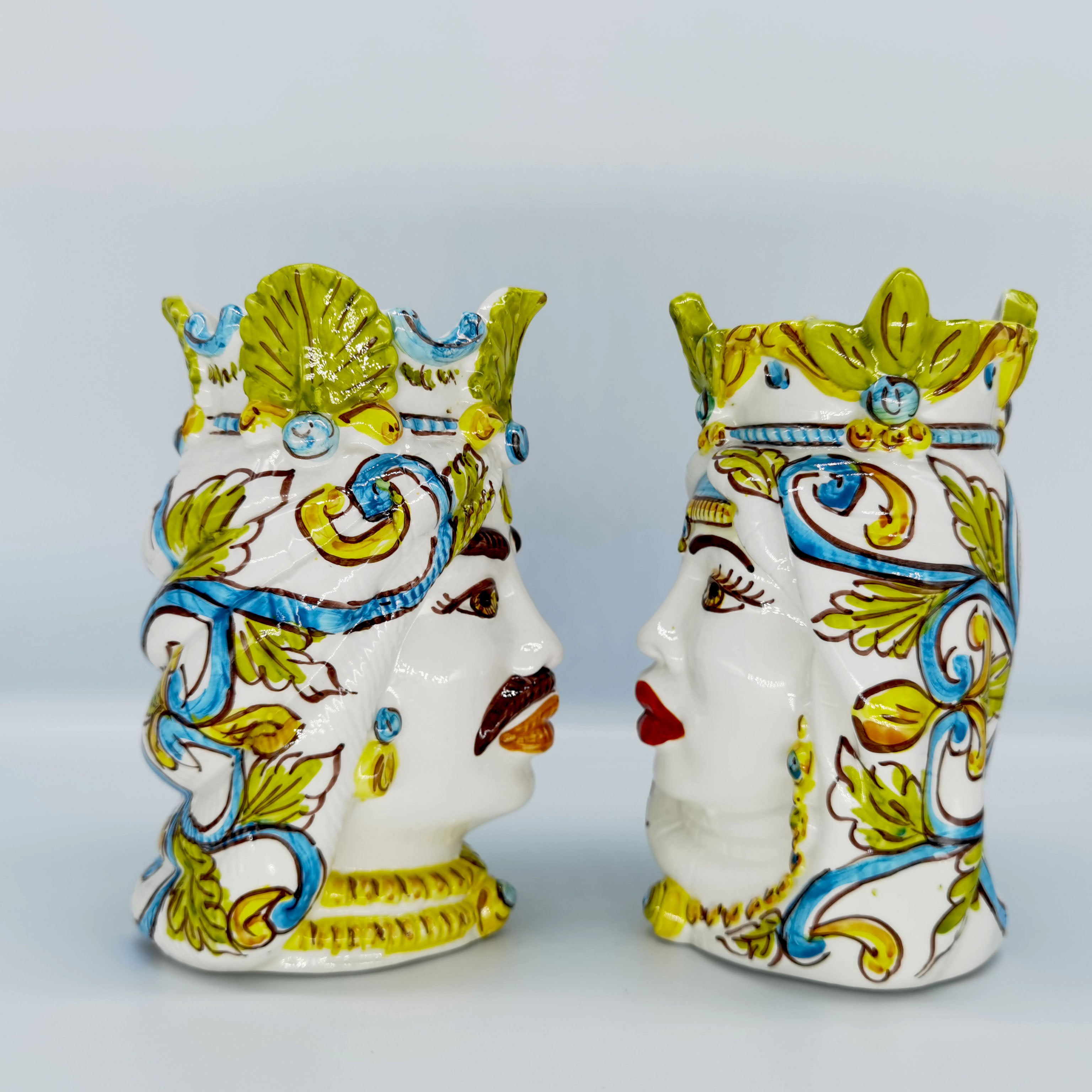 Coppia Teste di Moro “Decoro La Siciliana” in Ceramica di Caltagirone – Fatto a Mano 15 cm