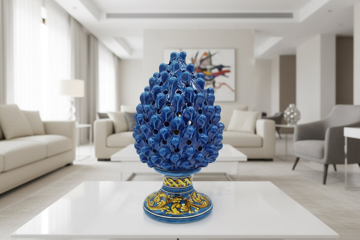 Lampada Pigna in Ceramica di Caltagirone Blu con Base Decorata – Fatto a Mano 30 cm