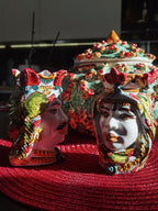 Coppia Teste di Moro con Decoro Fico d’India in Ceramica di Caltagirone – Fatto a Mano 15 cm
